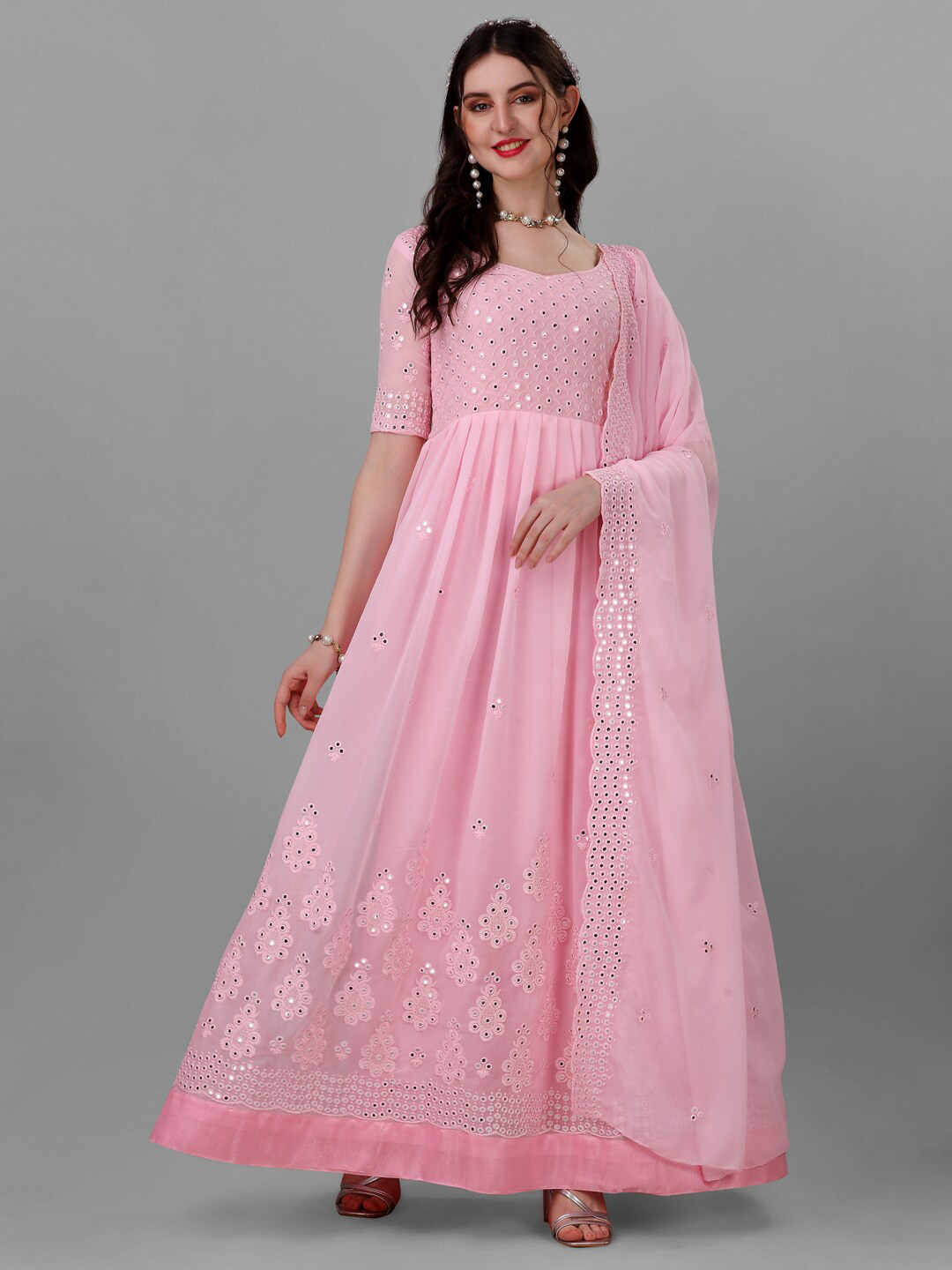 

Angroop Ethnic Embroidered Mirror Work Fit & Flare Georgette Ethnic Dress with Dupatta, Pink