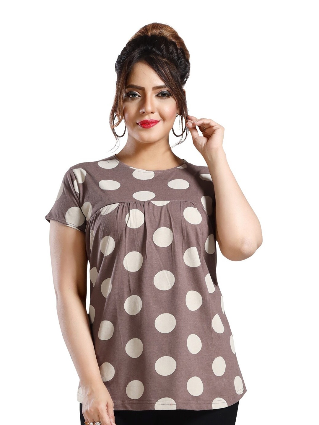 

Fabme Polka Dot Printed Cotton Maternity Top, Coffee brown