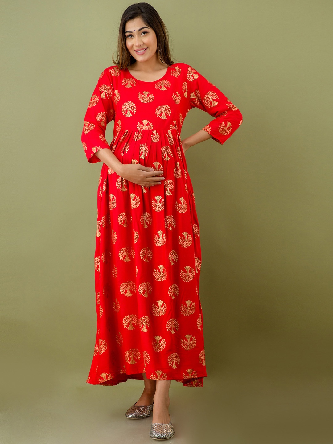 

Mialo fashion Floral Printed Fit and Flare Maternity Ethic Dress, Red
