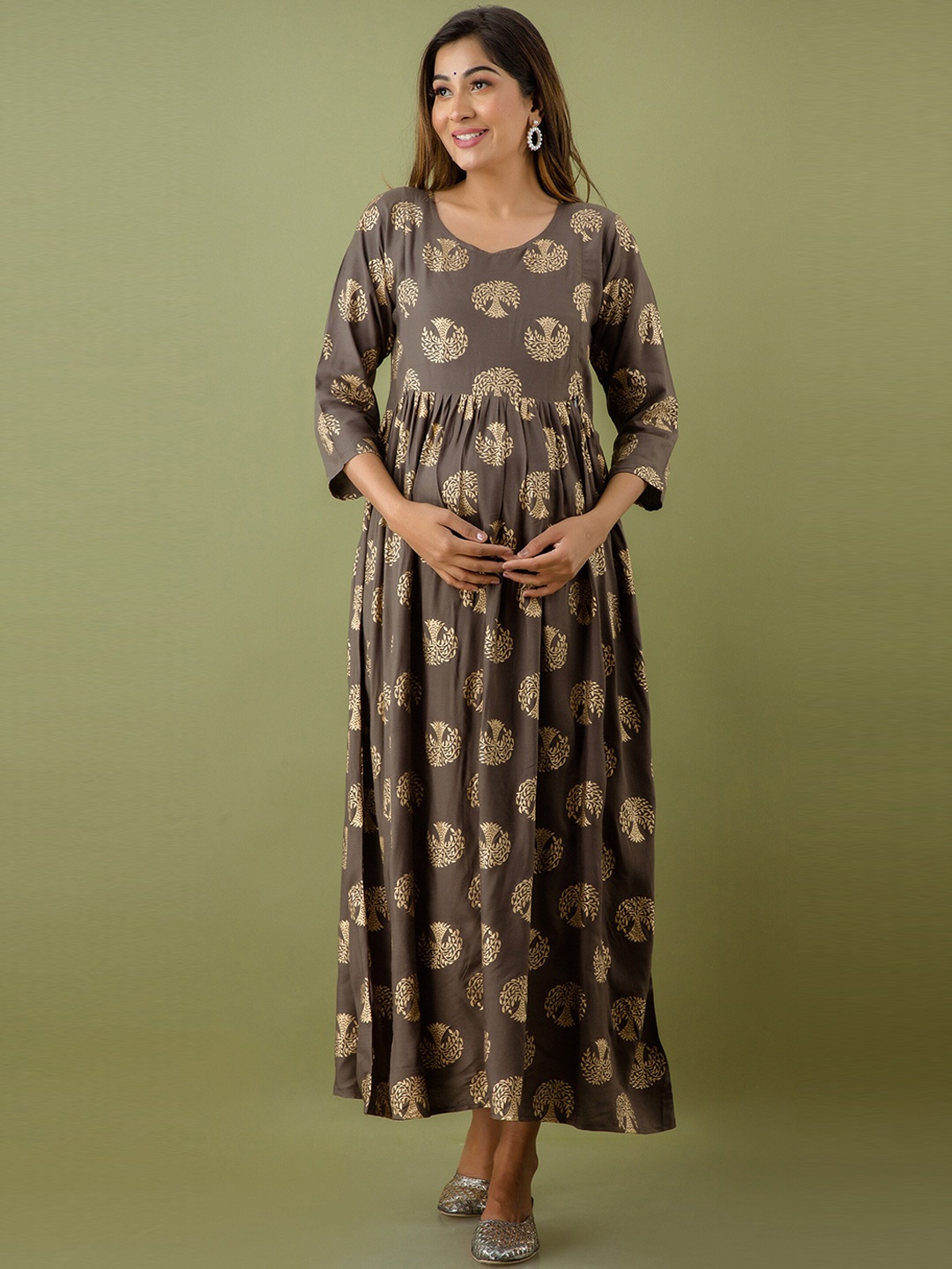 

Mialo fashion Floral Printed Fit and Flare Maternity Ethic Dress, Coffee brown