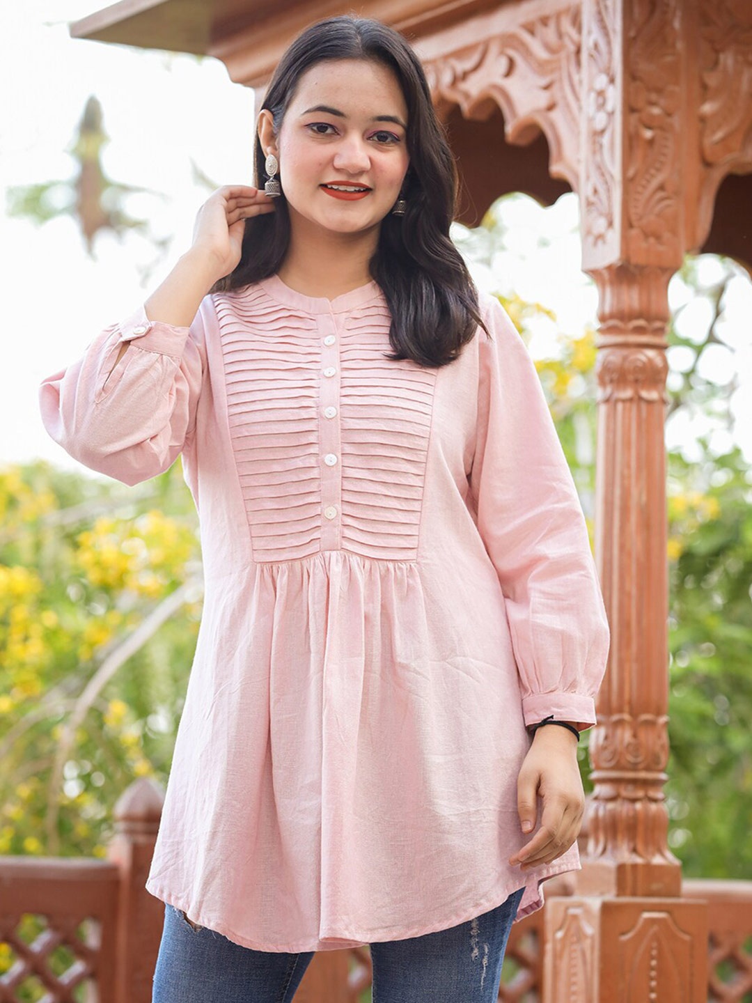 

KAAJH Long Sleeves Cotton Pin Tucks Tunic, Peach