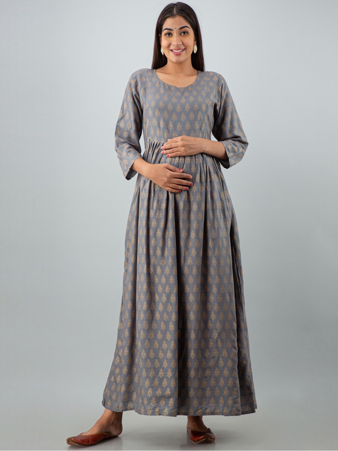 

Mialo fashion Ethnic Motifs Printed Fit and Flare Maternity Ethic Dress, Grey