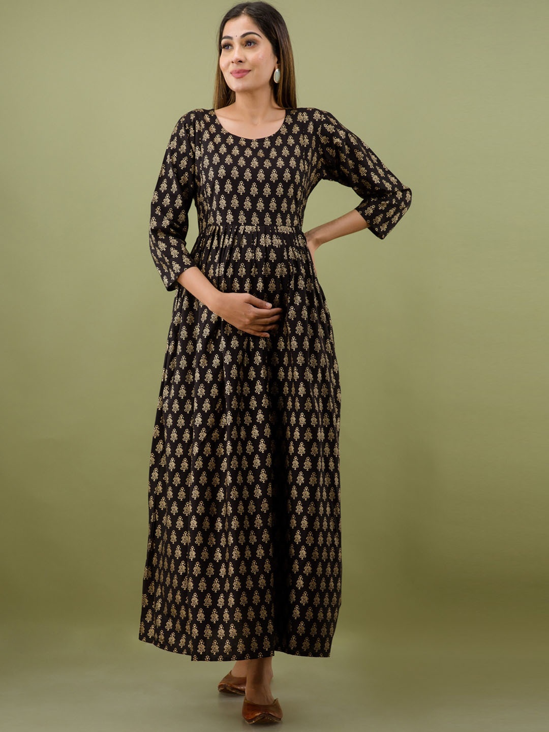 

Mialo fashion Ethnic Motifs Printed Fit and Flare Maternity Ethic Dress, Black