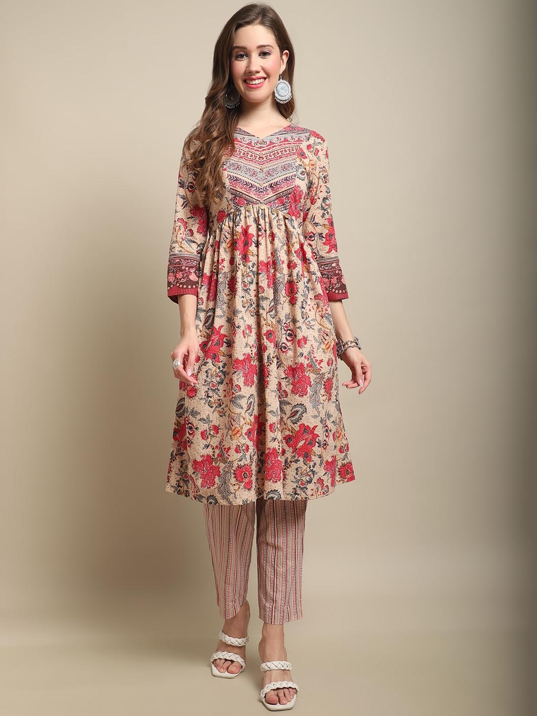 

Cantabil Floral Printed V-Neck Pleated A-Line Pure Cotton Kurta with Trousers, Beige