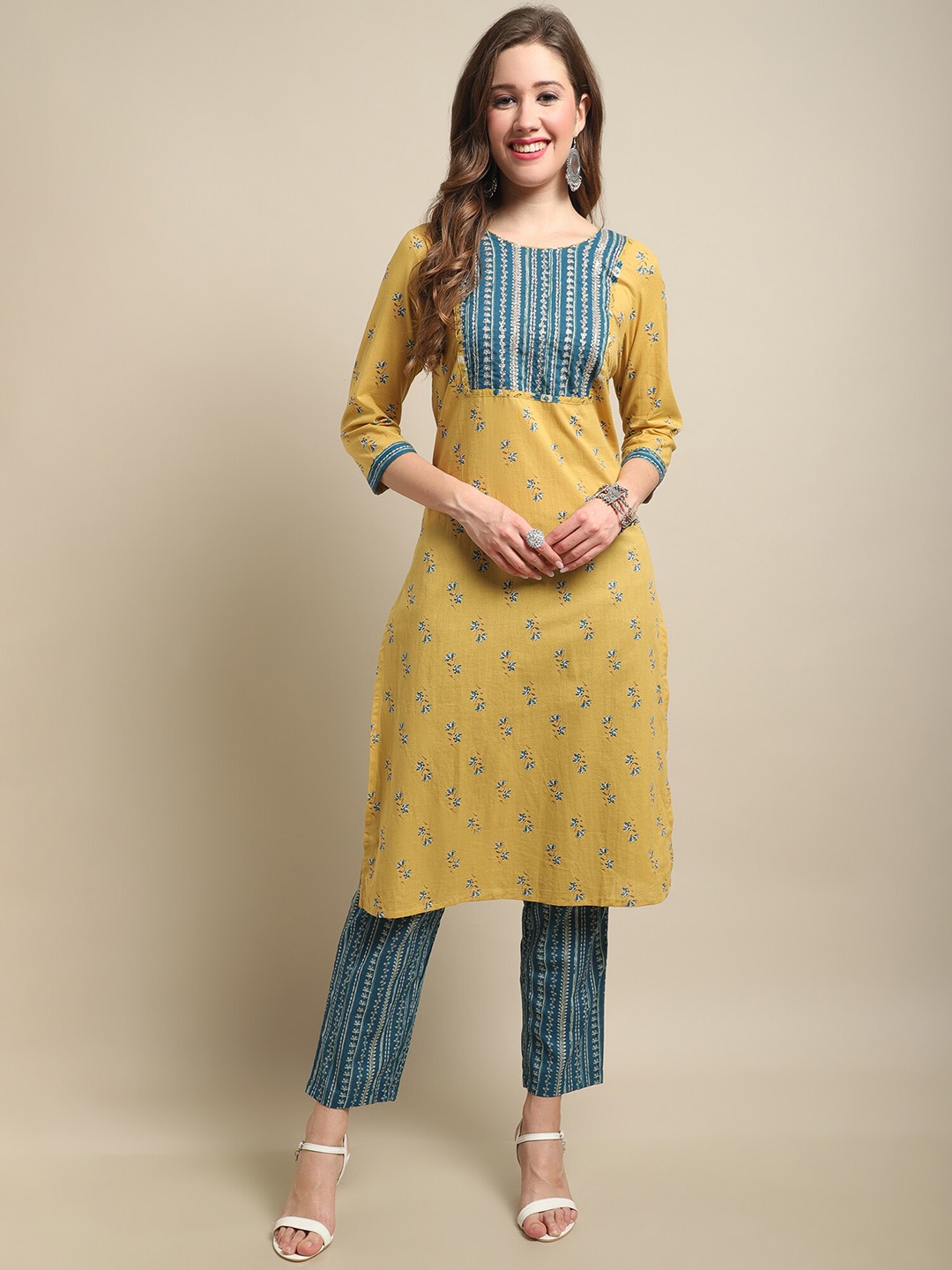 

Cantabil Floral Printed Zari Sequined Pure Cotton Kurta with Trousers, Mustard