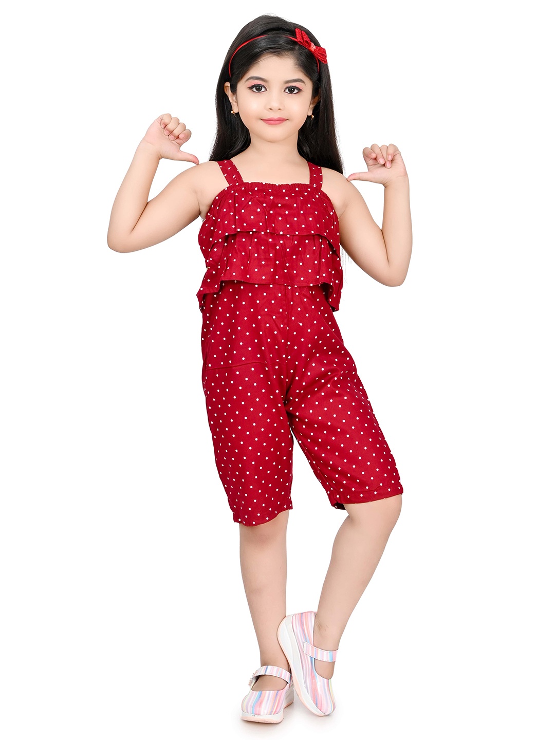 

carrydreams Girls Shoulder Straps Printed Capri Jumpsuit with Ruffles, Maroon