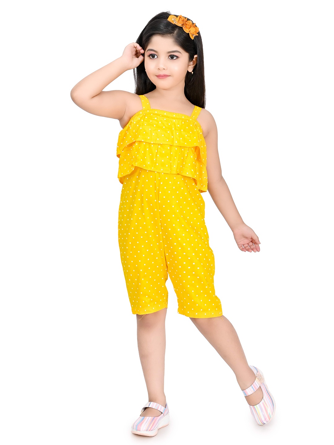 

carrydreams Girls Shoulder Straps Printed Capri Jumpsuit, Yellow