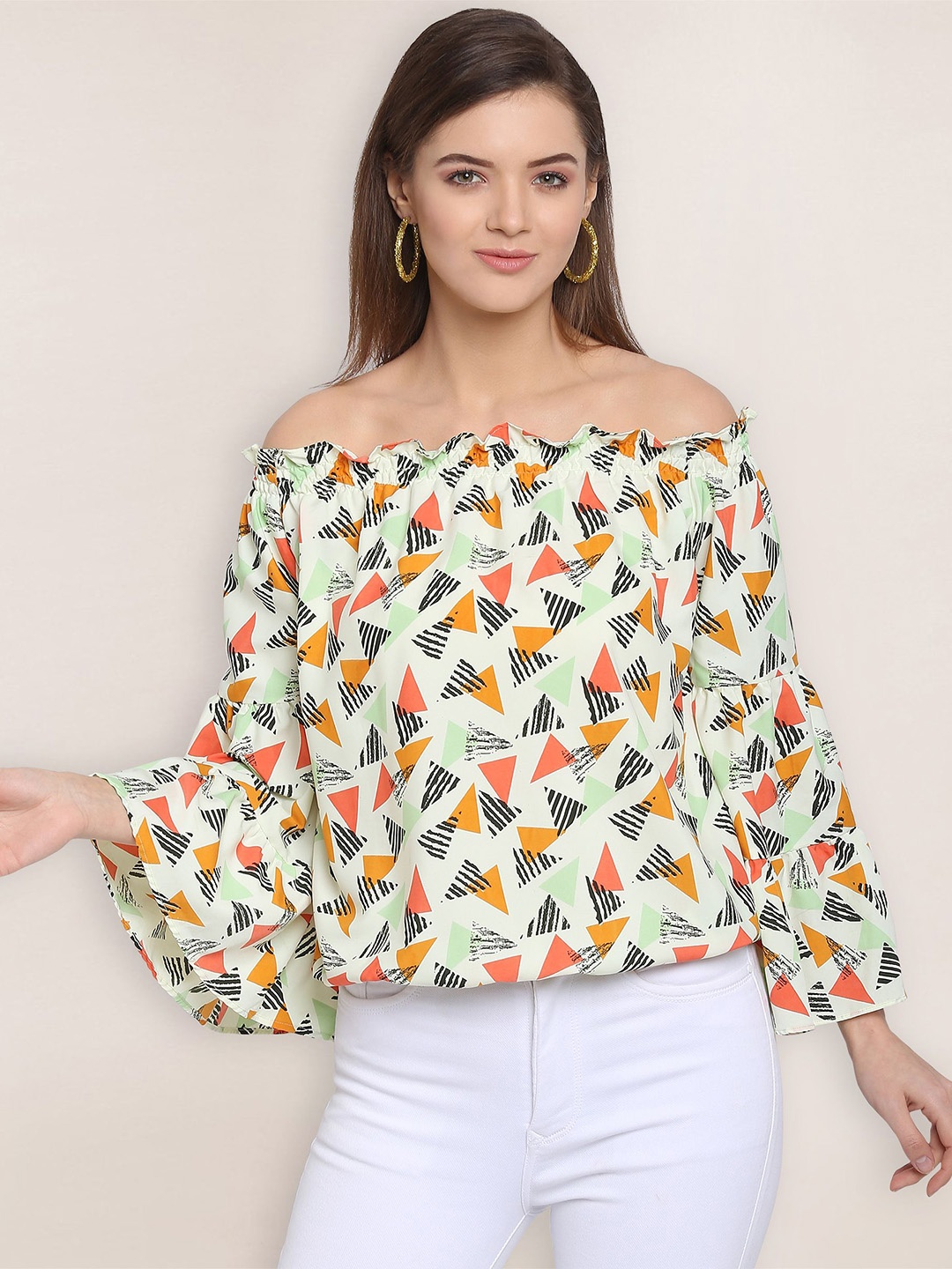 

Oomph Geometric Print Off-Shoulder Bell Sleeve Smocked Crepe Bardot Top, Green