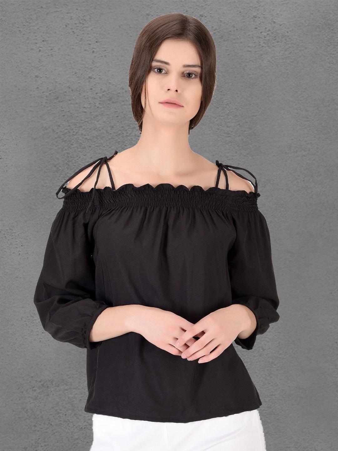 

Oomph! Smocked Off Shoulder Puff Sleeves Crepe Bardot Top, Black