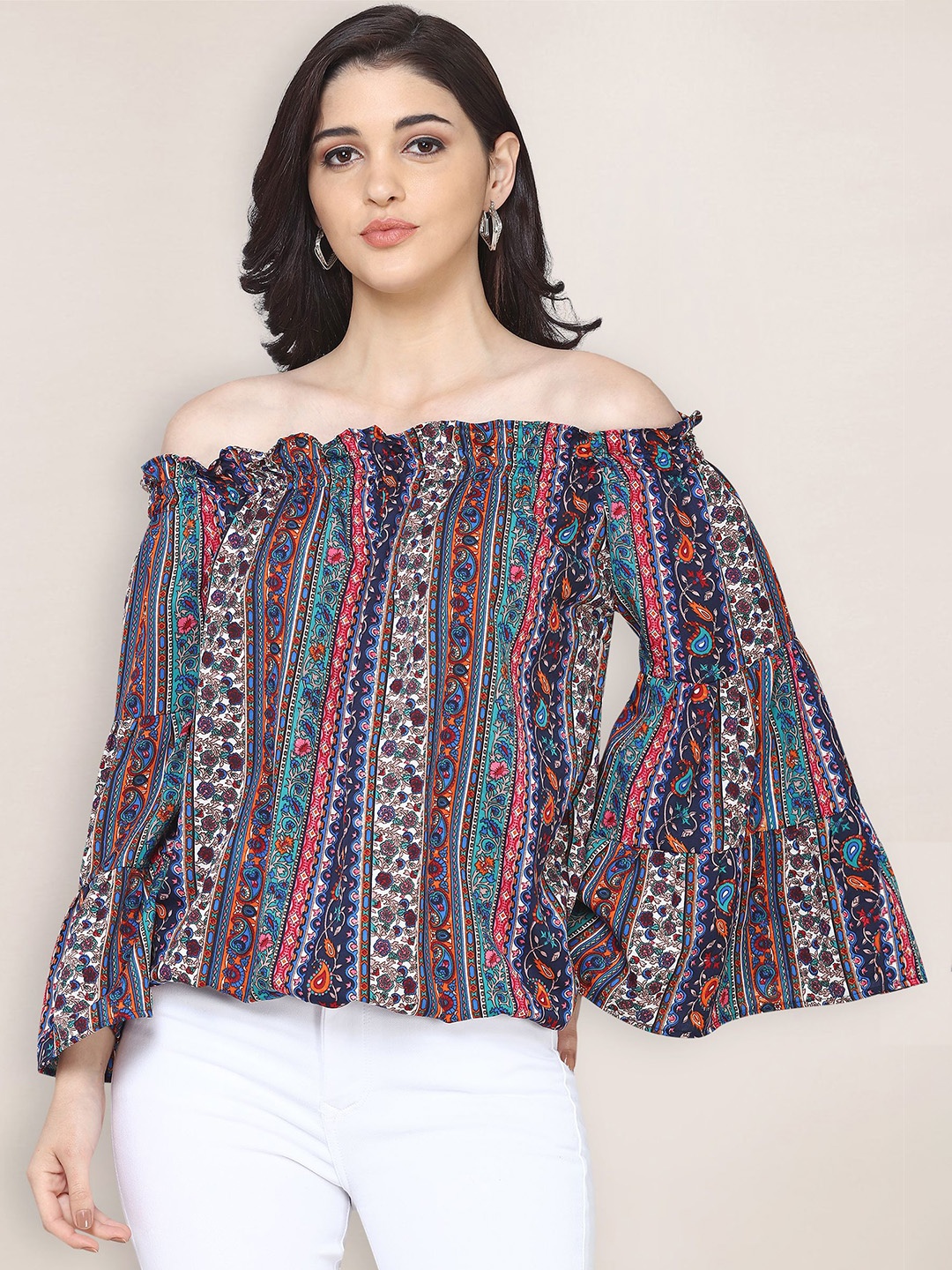 

Oomph Ethnic Motifs Print Off-Shoulder Bell Sleeve Smocked Crepe Bardot Top, Blue