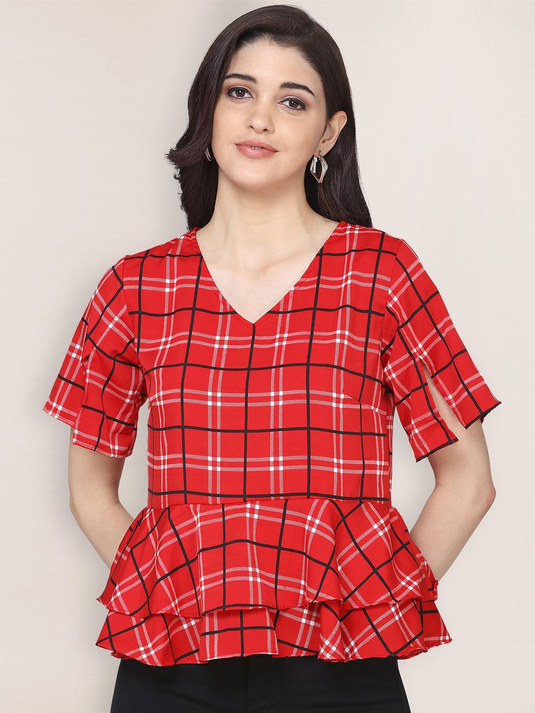 

Oomph! Checked Ruffles Peplum Top, Red