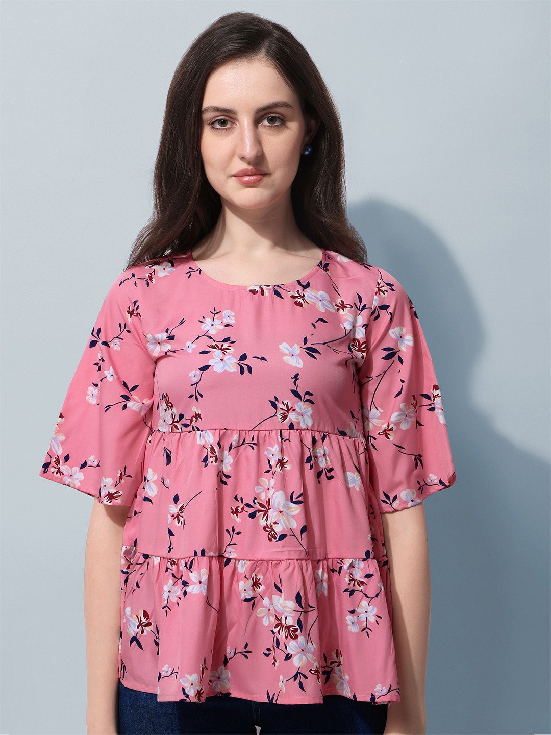 

Oomph! Floral Printed Flared Sleeves Tiered Regular Top, Pink