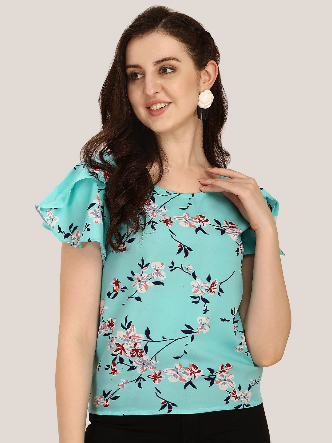 

Oomph Floral Print Flutter Sleeve Crepe Top, Blue