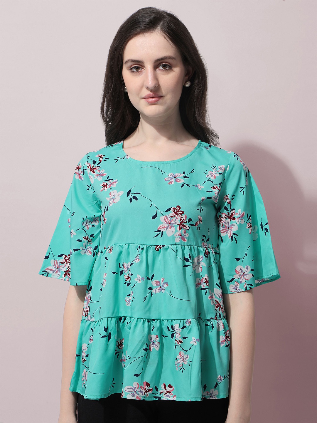 

Oomph! Floral Printed Flared Sleeves Tiered Regular Top, Green