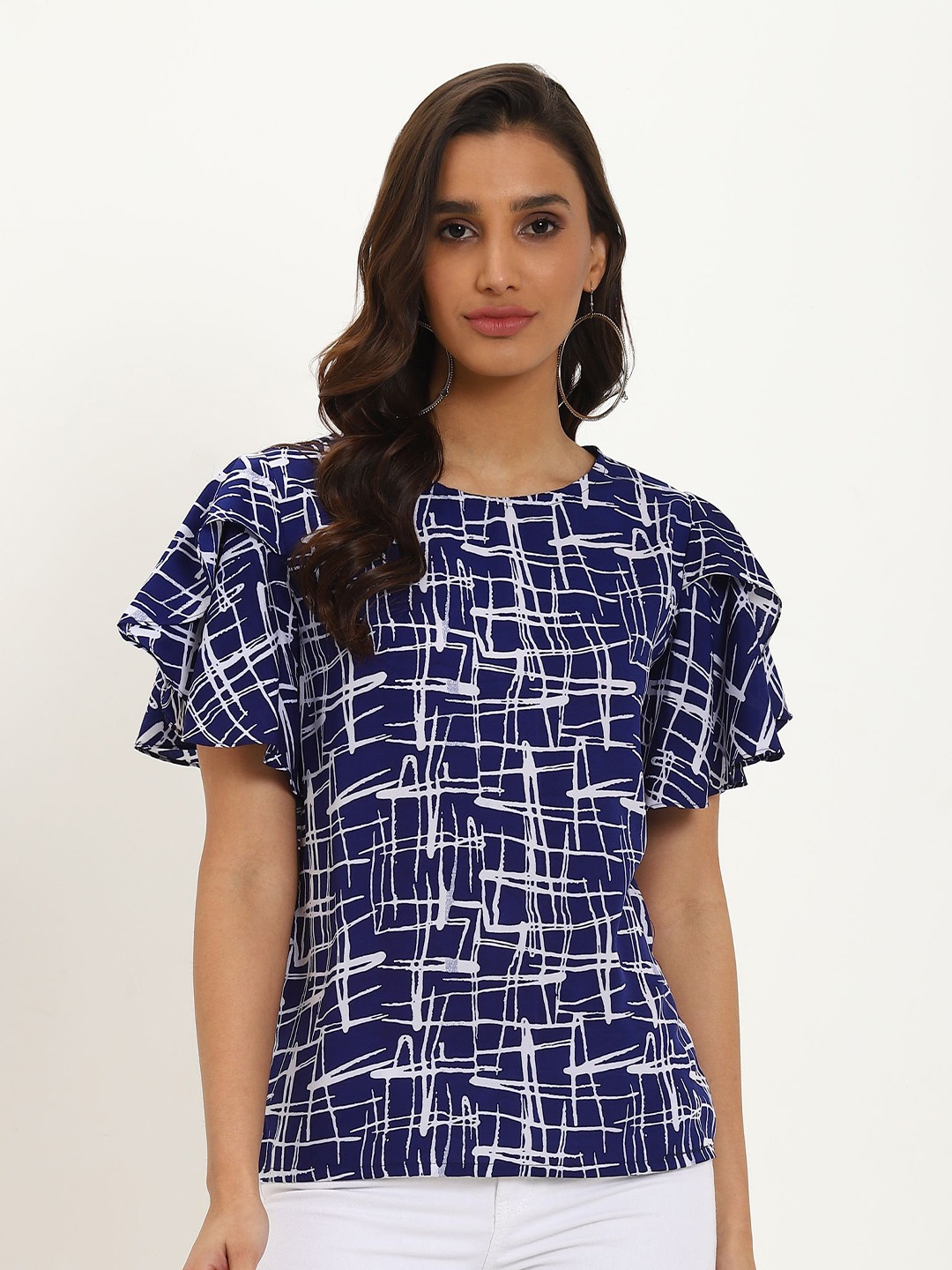 

Oomph Abstract Print Flutter Sleeve Crepe Top, Blue