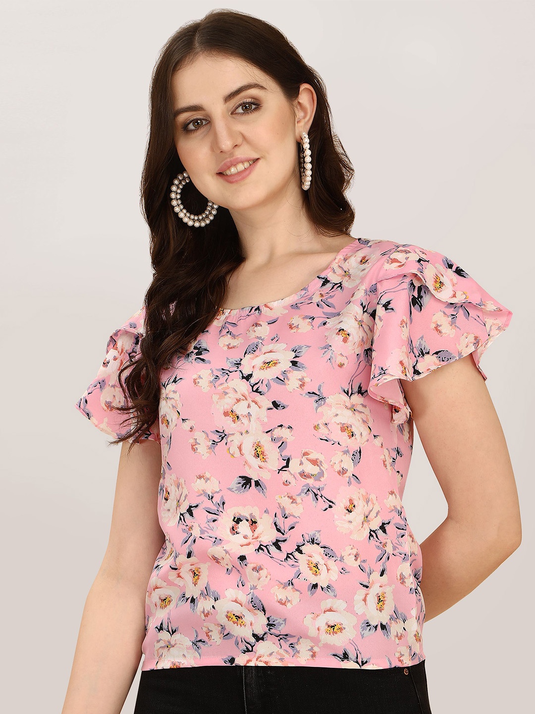 

Oomph Floral Print Flutter Sleeve Crepe Top, Pink