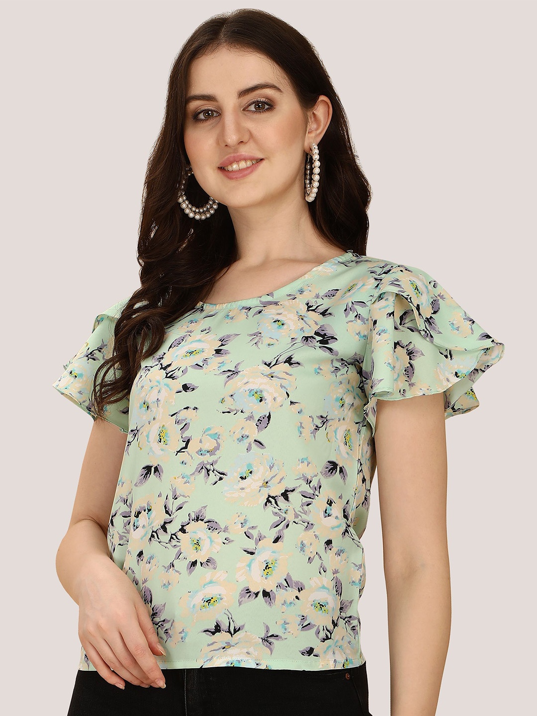 

Oomph! Floral Printed Flutter Sleeves Regular Top, Green