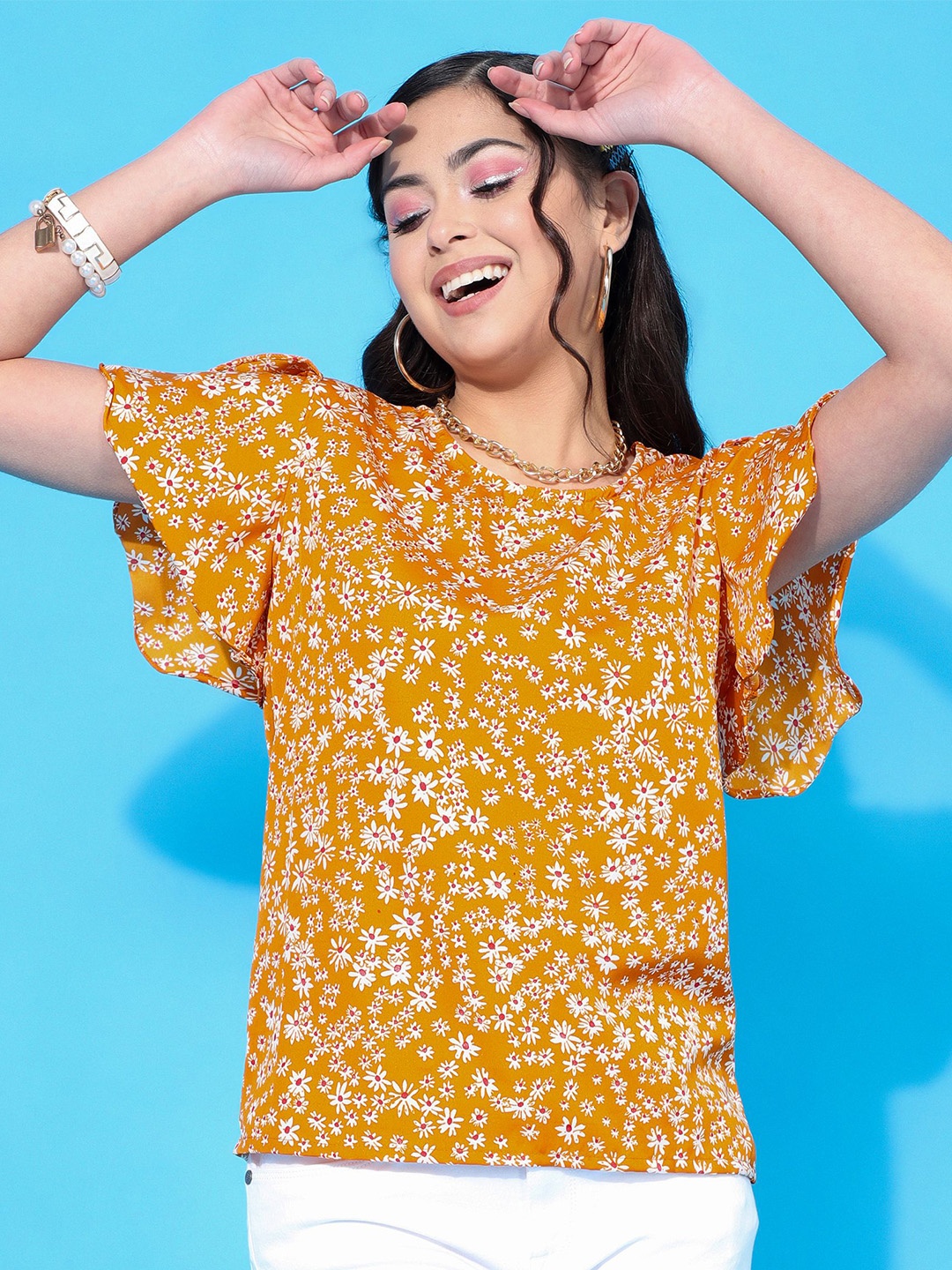 

Oomph Floral Print Flutter Sleeve Crepe Top, Orange