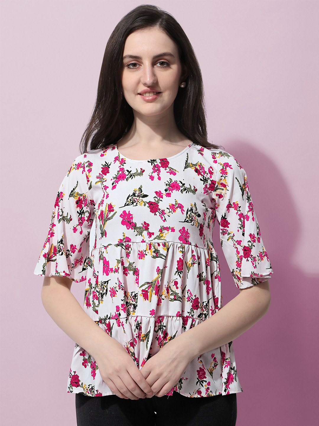 

Oomph Floral Print Round Neck Crepe Top, White