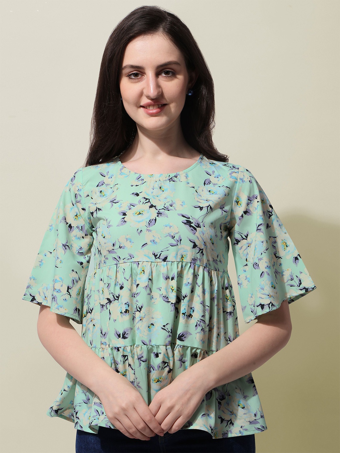 

Oomph! Floral Printed Flared Sleeves Tiered Regular Top, Green