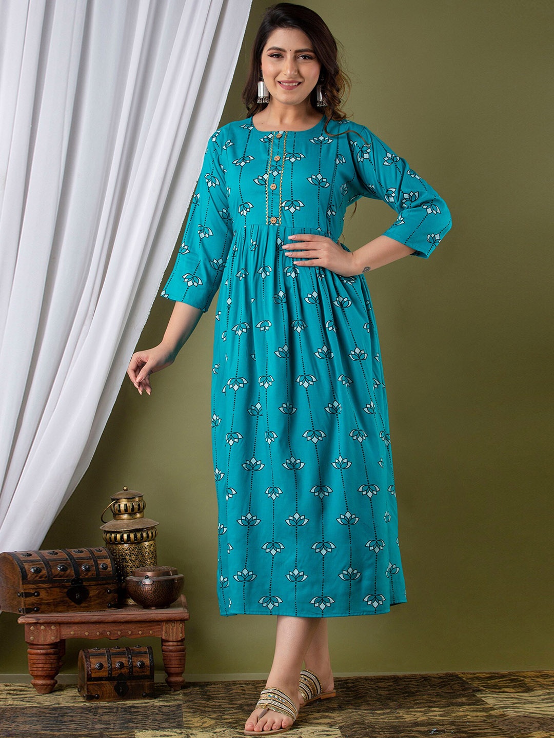 

Mialo fashion Ethnic Motifs Printed Fit and Flare Maternity Ethic Dress, Turquoise blue