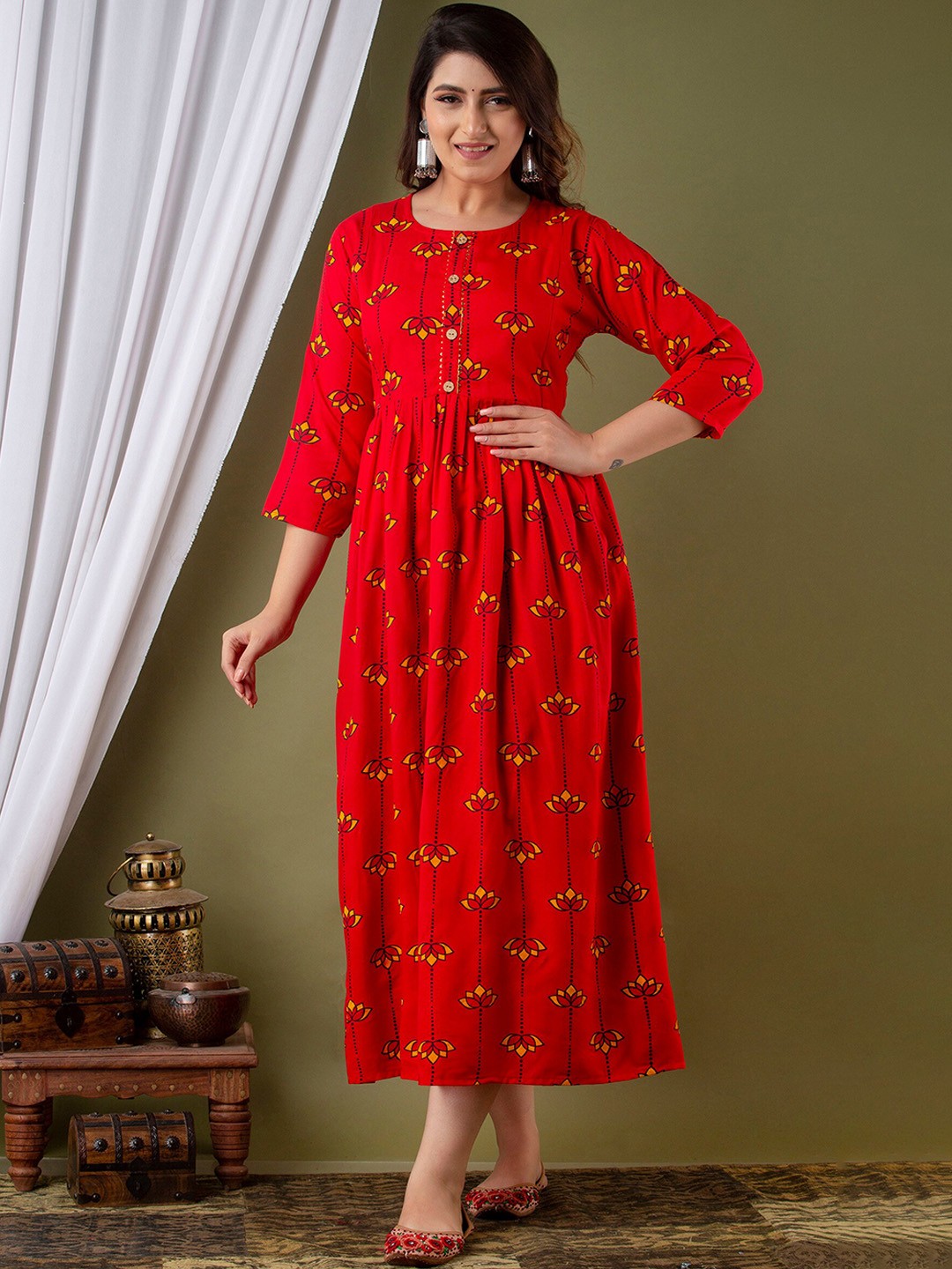 

Mialo fashion Ethnic Motifs Printed Fit and Flare Maternity Ethic Dress, Red