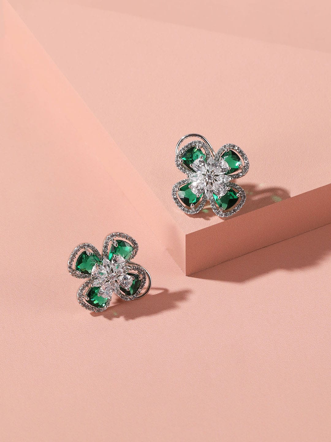 

XPNSV Rhodium-Plated Floral Emerald and American Diamond Stud Earrings, Silver