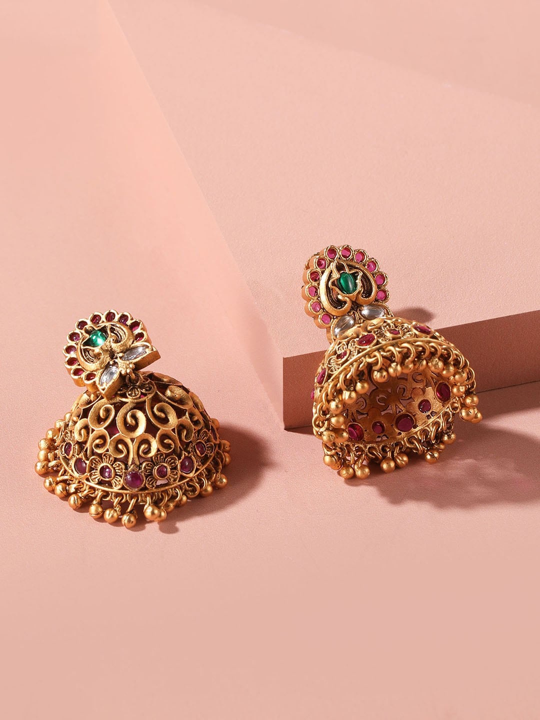 

XPNSV Gold-Plated Dome Shaped Ruby and Emerald Jhumkas