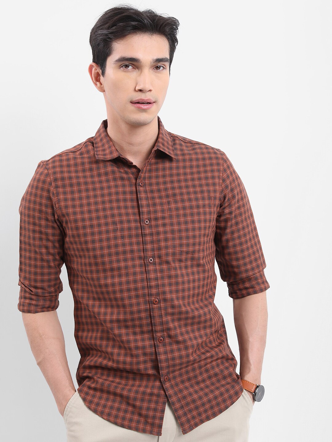 

HIGHLANDER Brown Checked Slim Fit Casual Shirt