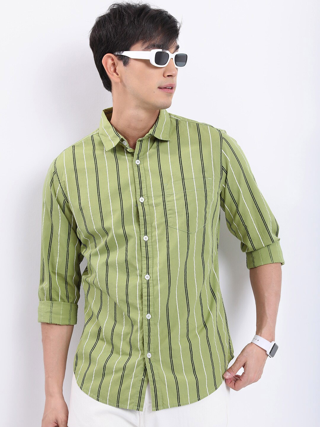 

HIGHLANDER Olive Green & Black Striped Slim Fit Cotton Casual Shirt