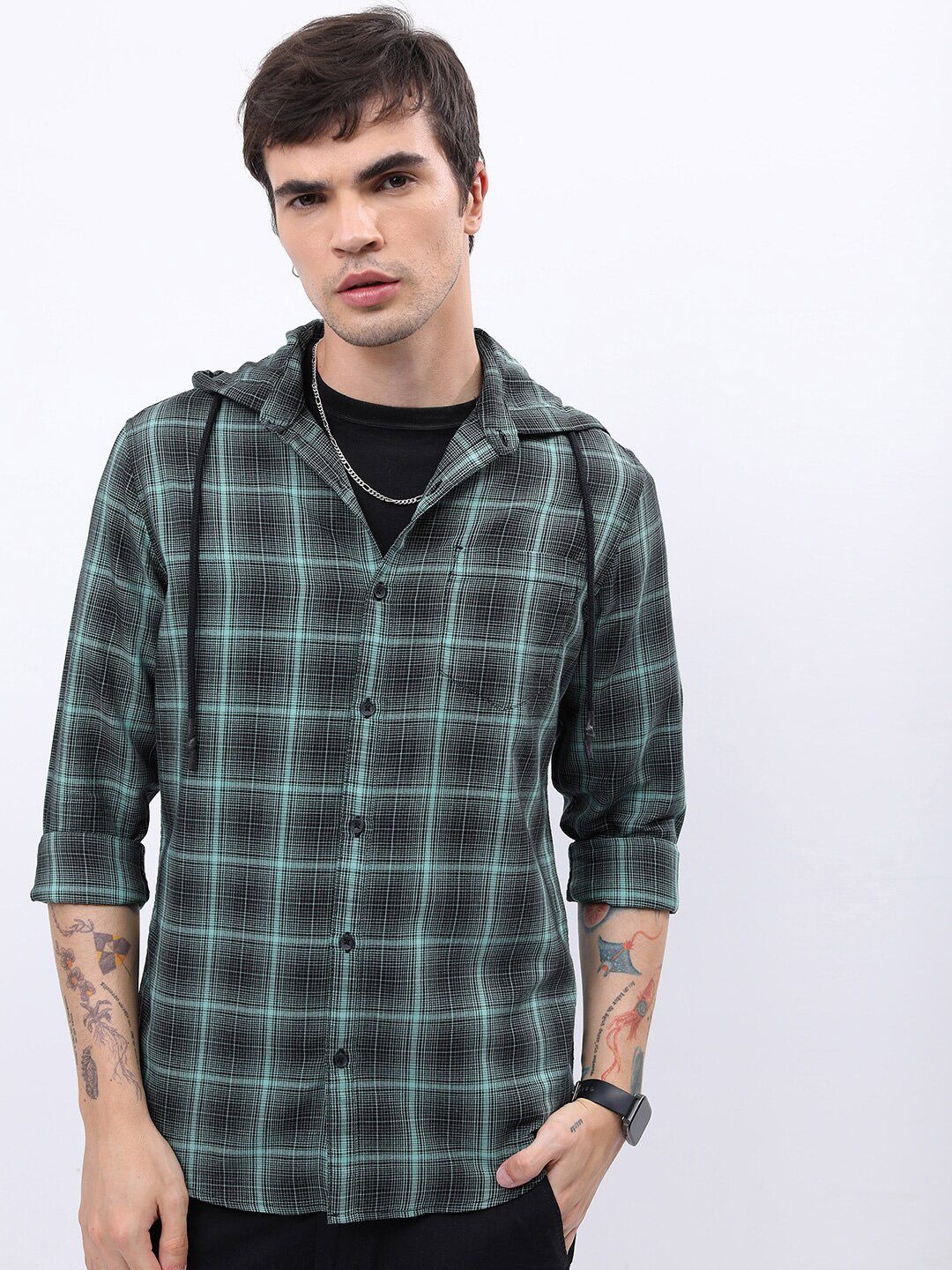 

HIGHLANDER Green & Black Tartan Checks Slim Fit Cotton Casual Shirt