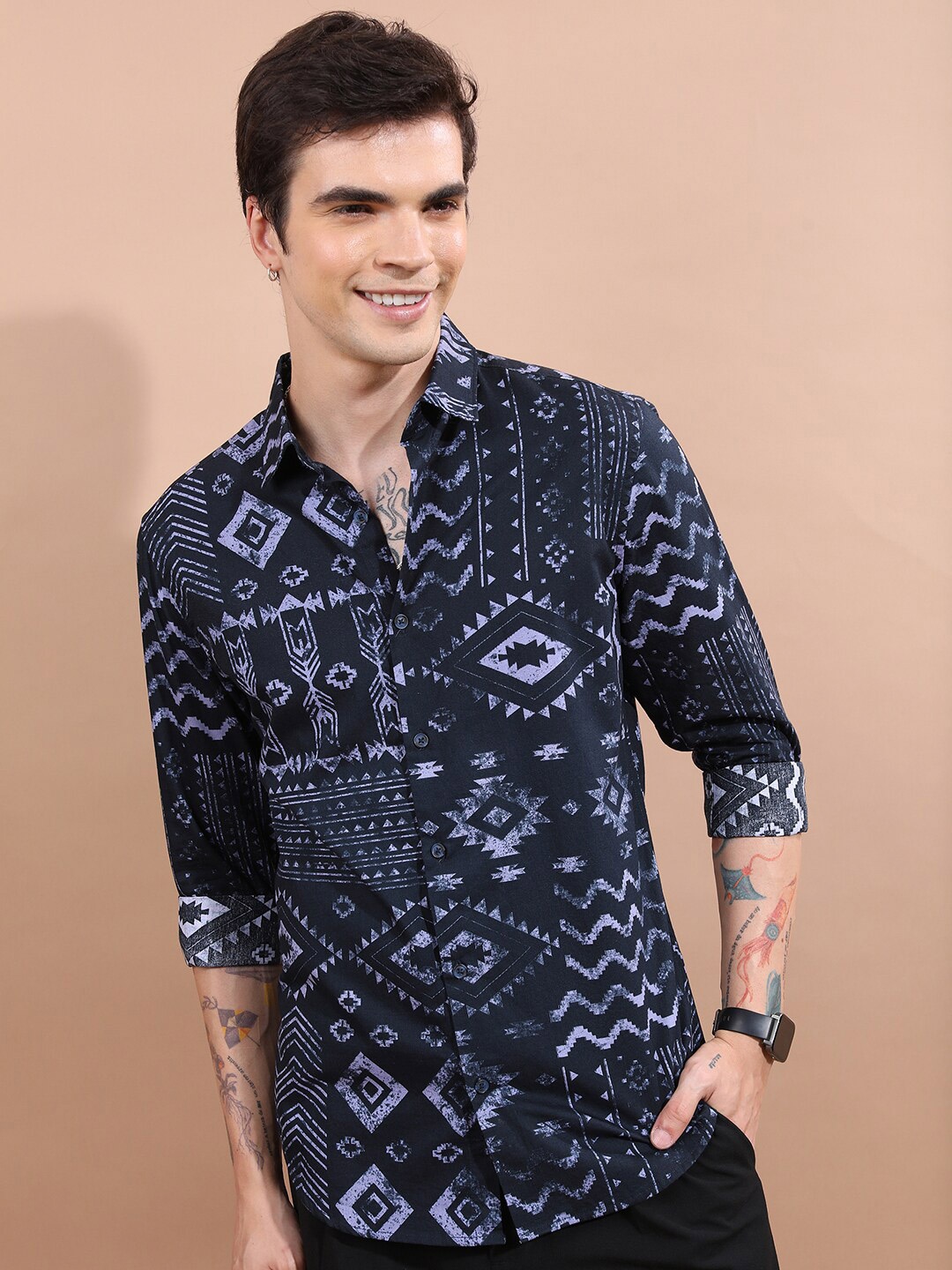 

HIGHLANDER Navy Blue Ethnic Motifs Printed Slim Fit Cotton Casual Shirt