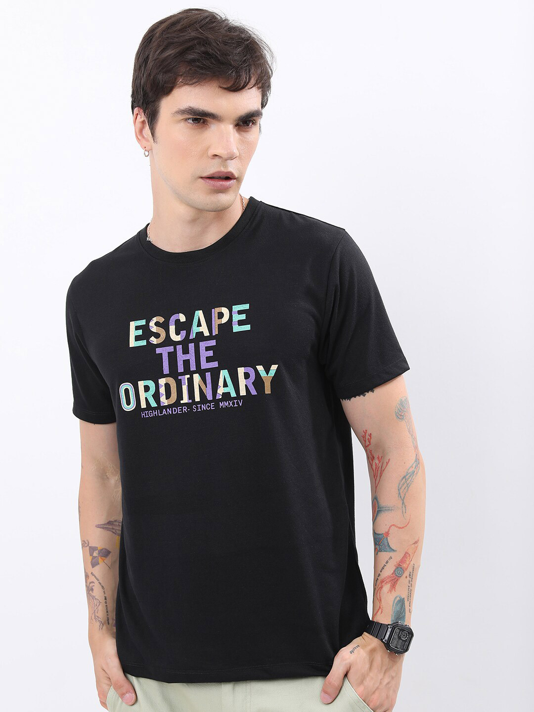 

HIGHLANDER Typography Printed Relaxed Fit T-Shirt, Black