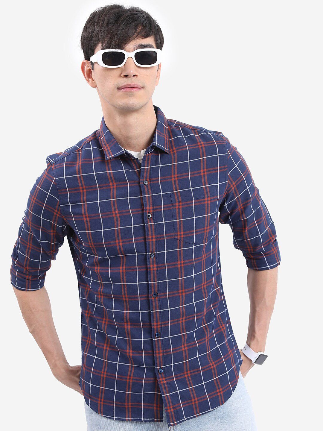 

HIGHLANDER Navy Blue Tartan Checks Slim Fit Casual Shirt