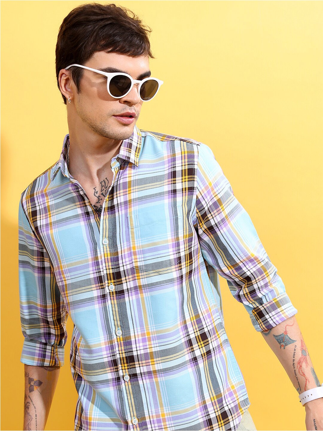 

HIGHLANDER Blue & Brown Tartan Checks Slim Fit Casual Shirt
