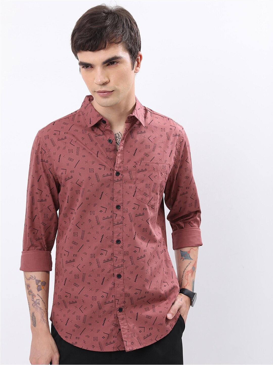 

HIGHLANDER Brown Abstract Printed Slim Fit Cotton Casual Shirt