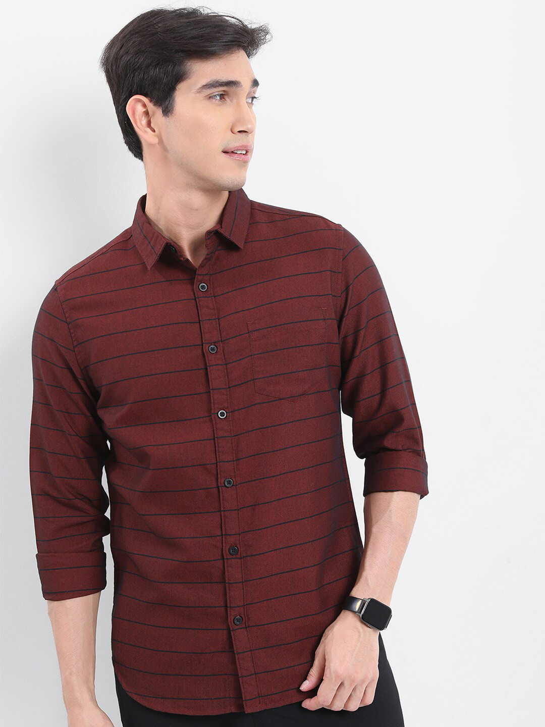 

HIGHLANDER Maroon & Black Horizontal Stripes Slim Fit Casual Shirt