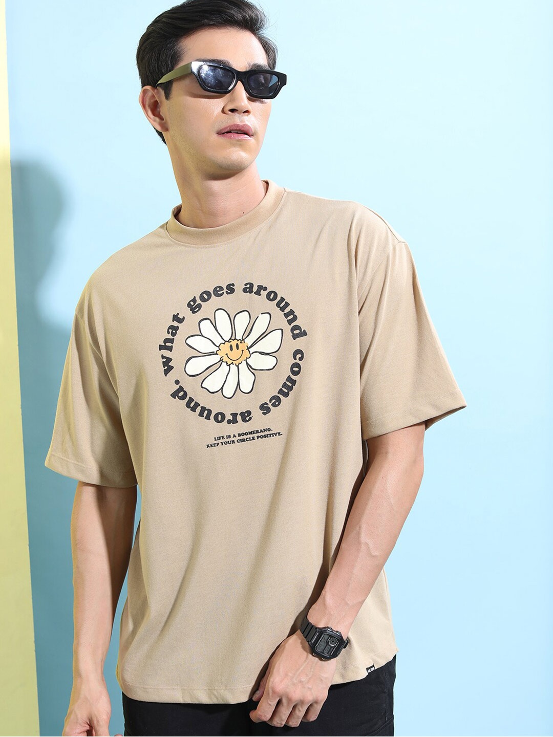 

HIGHLANDER Beige & Black Typography Printed Oversized Fit T-shirt
