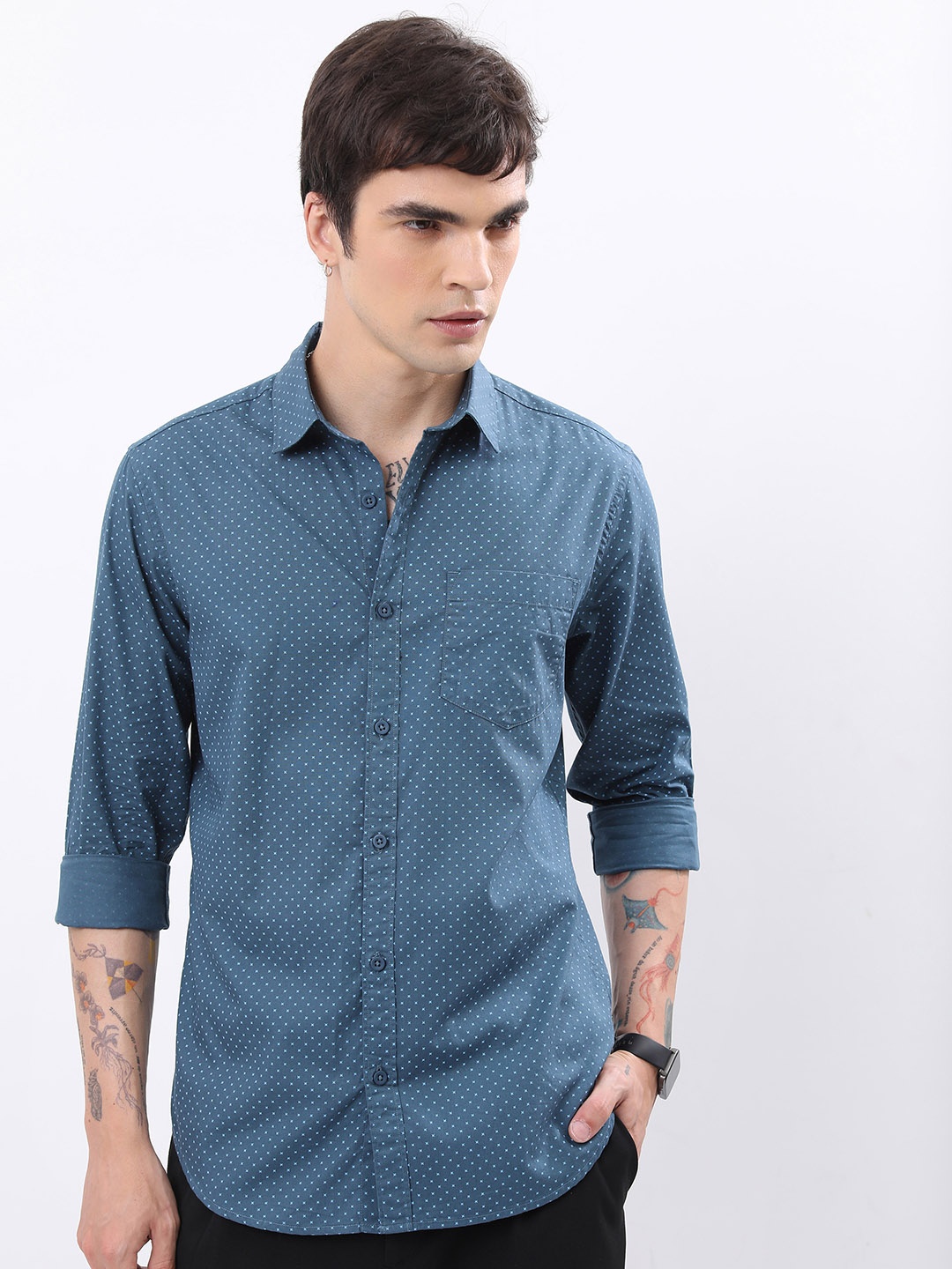 

HIGHLANDER Teal Floral Printed Slim Fit Cotton Casual Shirt