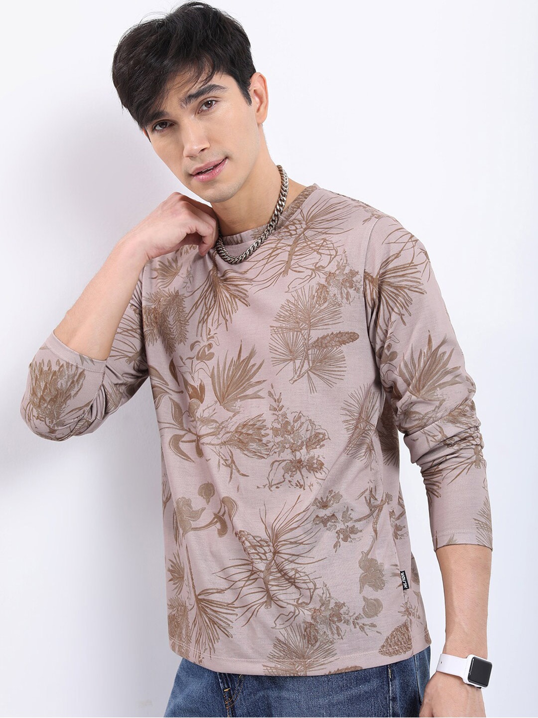 

HIGHLANDER Beige & Brown Floral Printed Relaxed Fit T-shirt