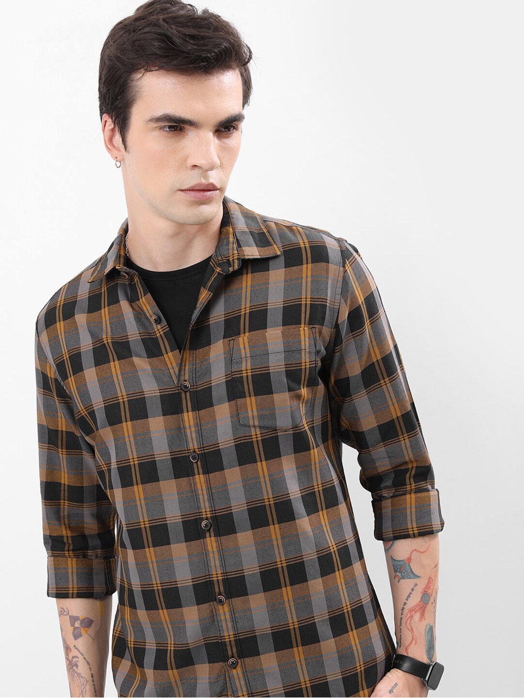 

HIGHLANDER Grey & Black Tartan Checks Slim Fit Casual Shirt