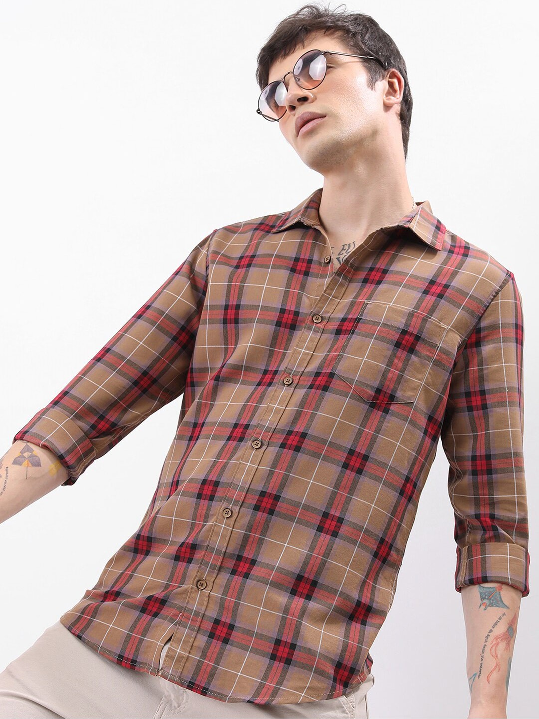 

HIGHLANDER Khaki & Red Tartan Checks Slim Fit Casual Shirt