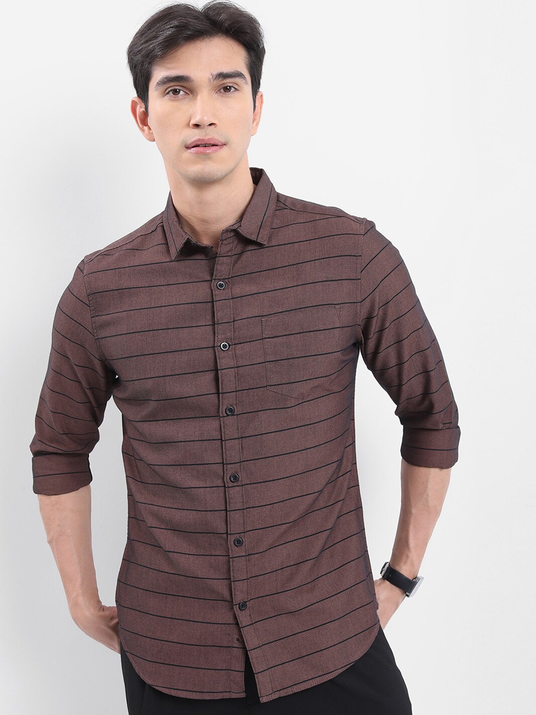 

HIGHLANDER Rust & Black Horizontal Stripes Slim Fit Casual Shirt