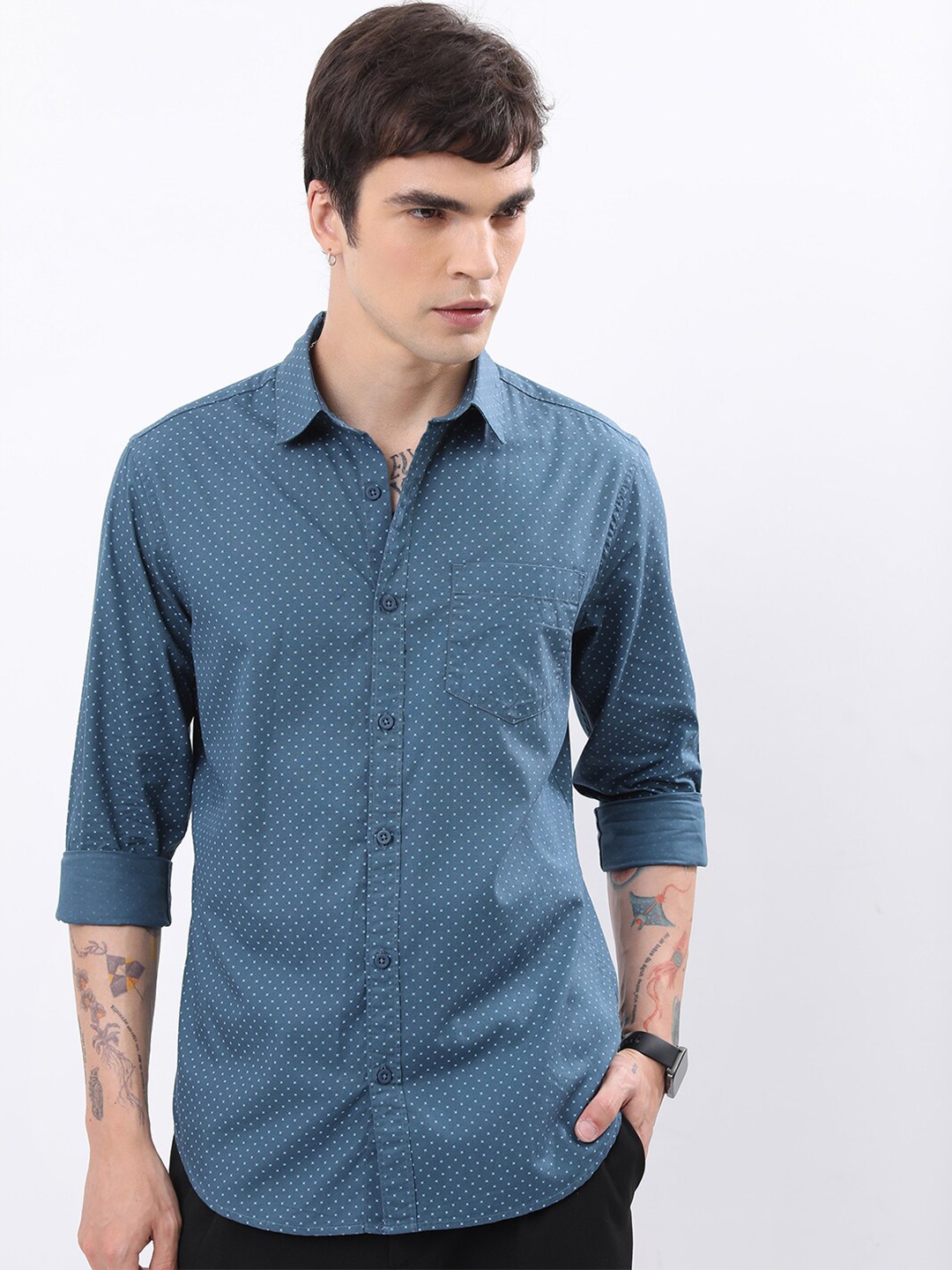 

HIGHLANDER Teal Geometric Printed Slim Fit Cotton Casual Shirt