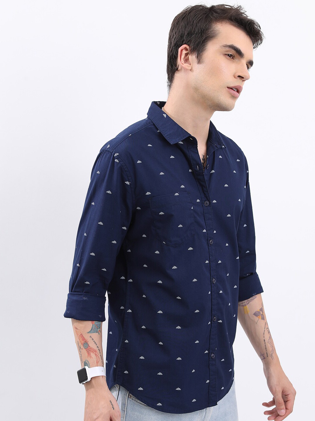 

HIGHLANDER Navy Blue Conversational Printed Slim Fit Cotton Casual Shirt
