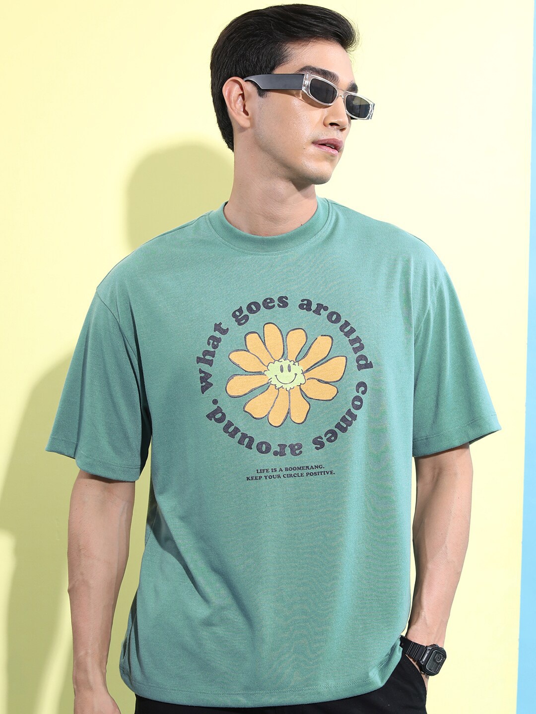 

HIGHLANDER Typography Printed Drop Shoulder Sleeves Oversized Fit T-shirt, Sea green