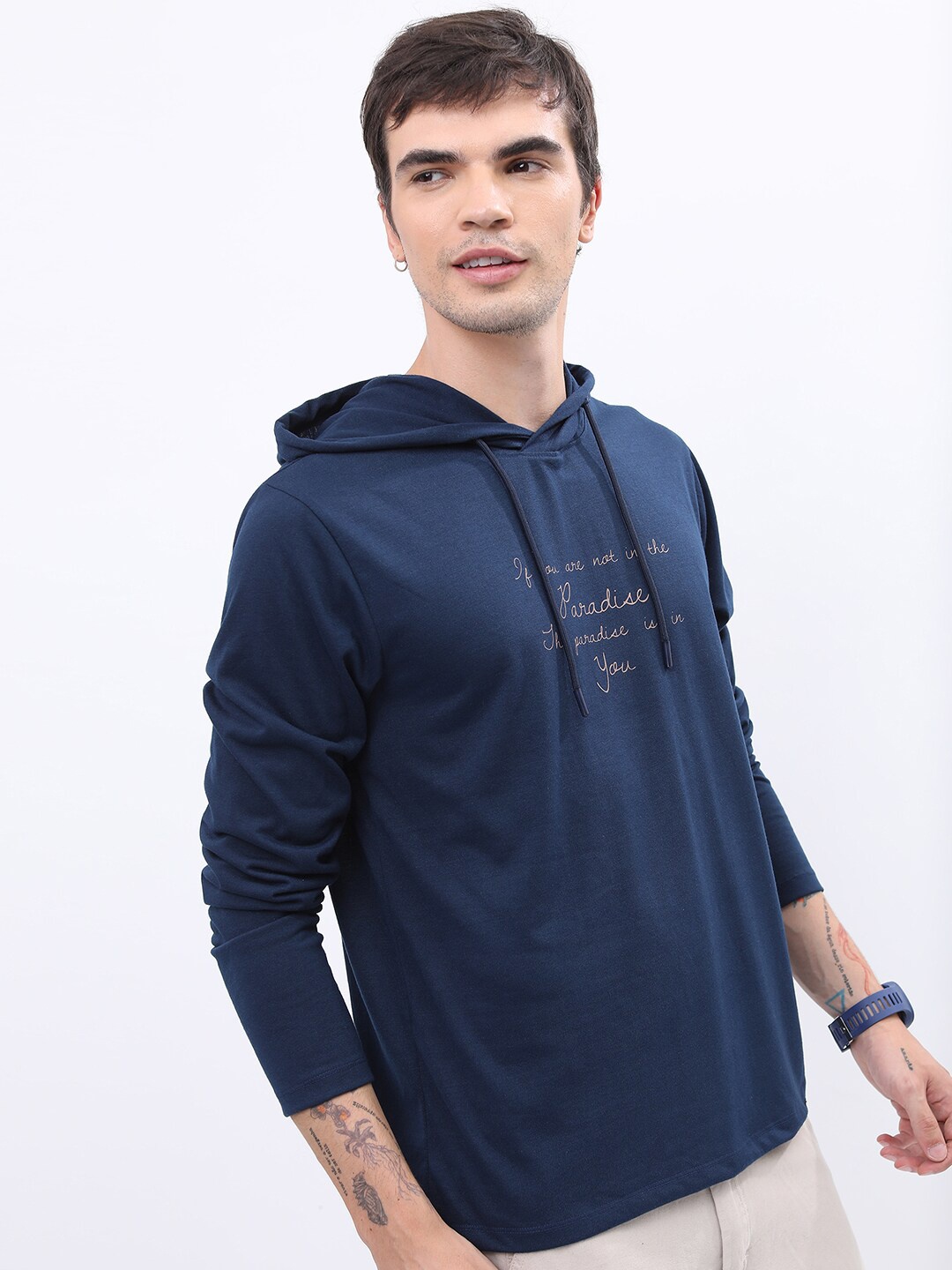 

HIGHLANDER Floral Printed Hooded Long Sleeves Relaxed Fit T-shirt, Navy blue