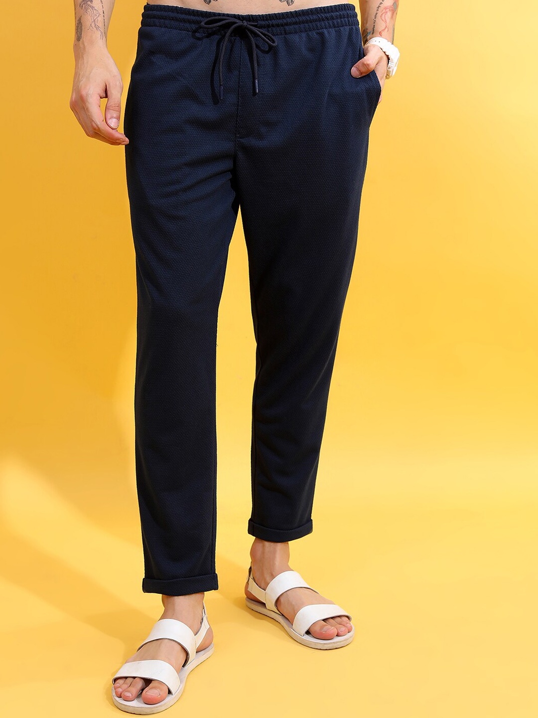 

HIGHLANDER Men Navy Blue Self Design Mid-Rise Slim-Fit Track Pants