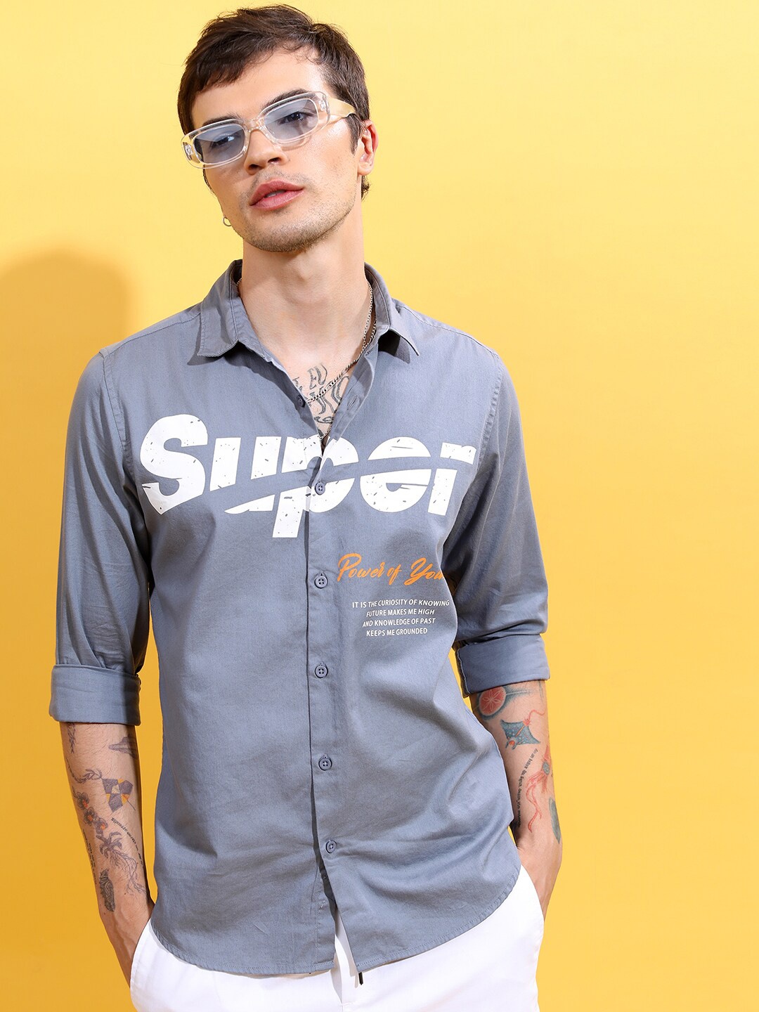 

HIGHLANDER Grey Typography Printed Slim Fit Cotton Casual Shirt
