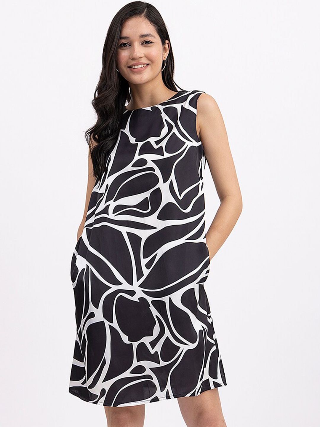 

FableStreet Abstract Printed Satin A-Line Dress, Black